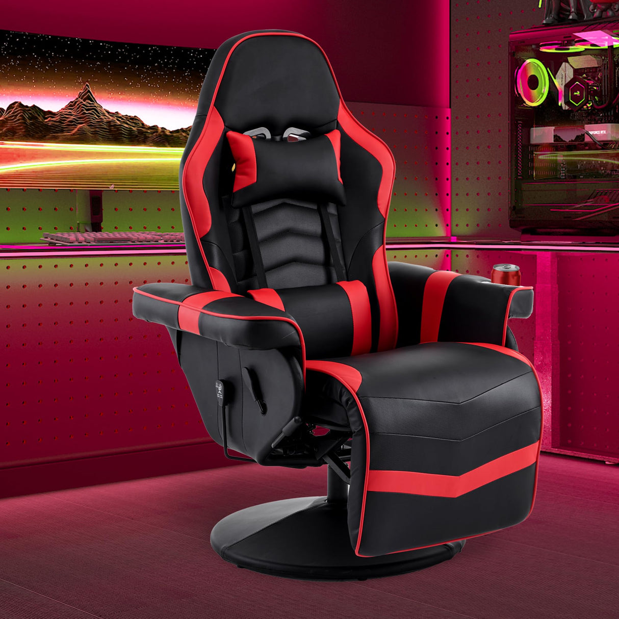 IBXFO Massage Gaming Chair for Adults, Heavy Duty Reclining Office Chair with Footrest, Adjustable Backrest and Cup Holder, Black Red IBXFO