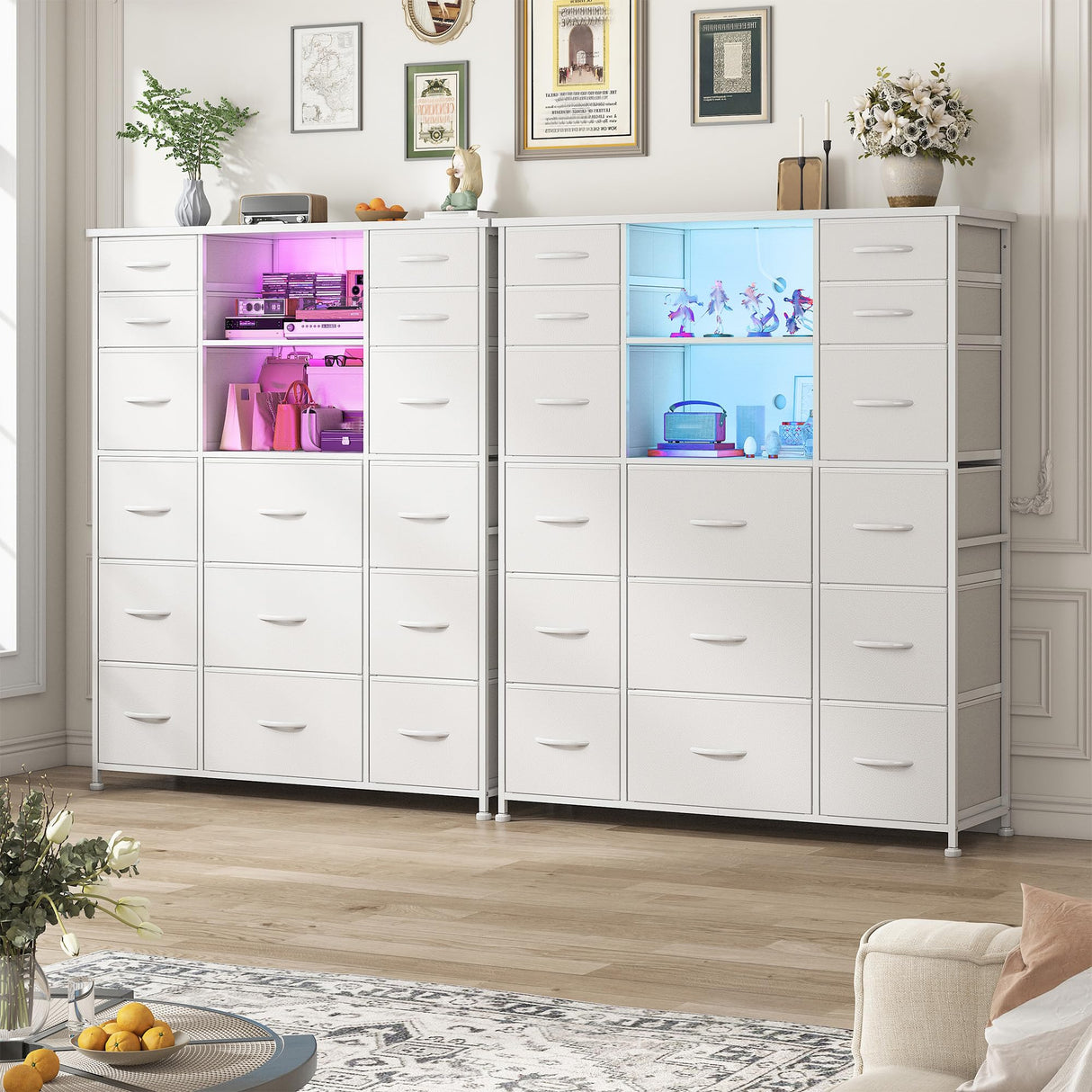EnHomee 51" H White Dresser with 15 Drawers Dresser for Bedroom with Charging Station & LED Lights & Hutch Sturdy Bedroom Dressers, Steel Frame, Wood Top, 51.2" H x 39.3" W x 11.8" D EnHomee