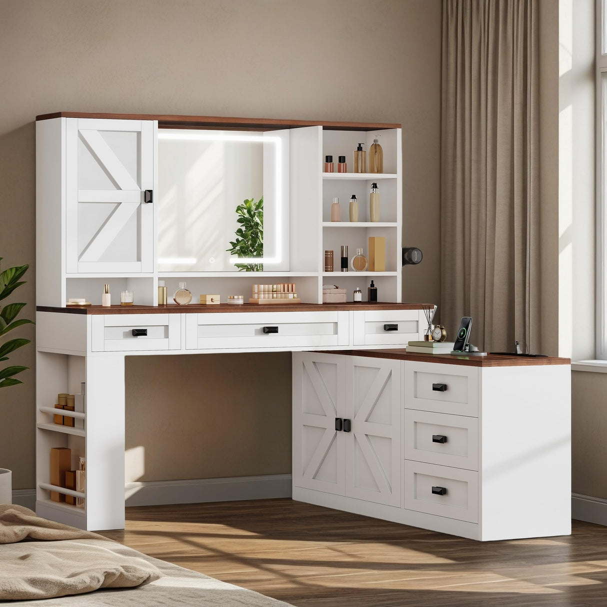 DWVO L Makeup Vanity Desk with Mirror and Lights, Farmhouse Big Lighted Vanity Table Set with 6 Drawers and Cabinet Shelves, 360° Rotation Large Dressing Table for Bedroom, White DWVO