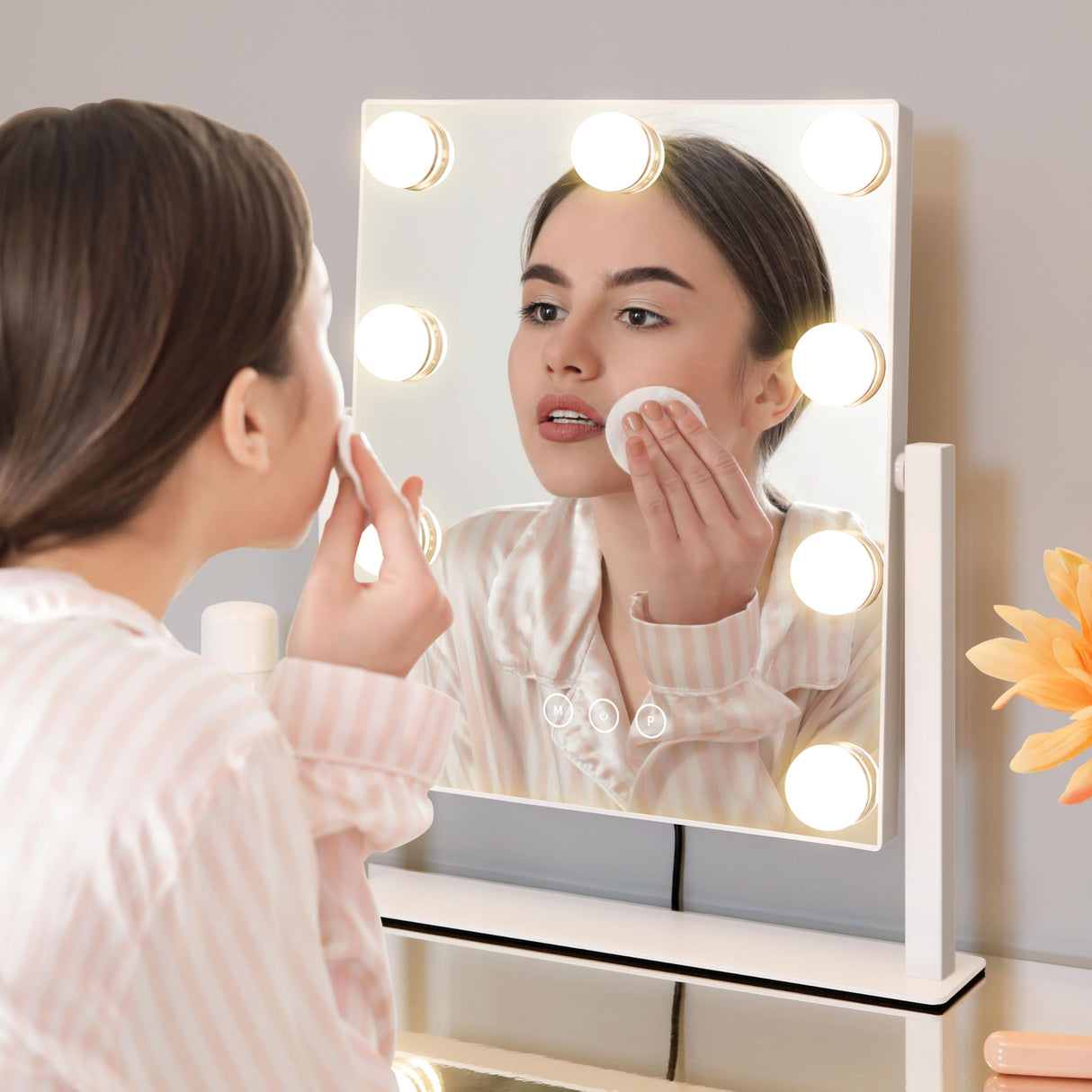 Kotdning Vanity Mirror with Lights,Lighted Vanity Mirror with 9 Dimmable Bulbs for Dressing Room & Bedroom,3 Color Lighting,Modes Detachable 10x Magnification 360°Ratation(White) 12" L x 14.4" W Kotdning