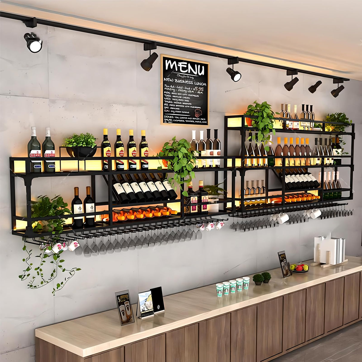 47.2in Wall Mounted Wine Rack, Wine Rack Wall Mounted With Wine Glass Rack, Metal Bar Bottle Display Shelf Wine Cups Hanging Holder, For Home Bar Cafe Dining Room Decoration (BLACK, 47.2*10*35.5inch) amhricho