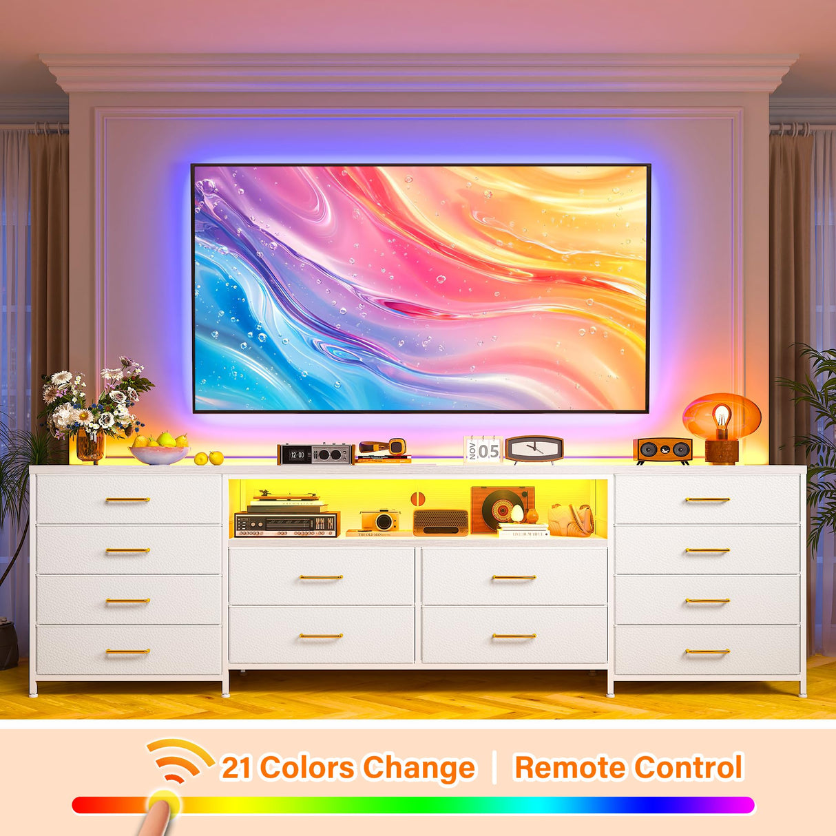 EnHomee 12 Drawer Dresser TV Stand for 65 70 75 Inch TV, 63" W Extra Long White Dresser for Bedroom with LED Lights & Power Outlets, Entertainment Center with Drawers, Fabric Dresser for Closet EnHomee