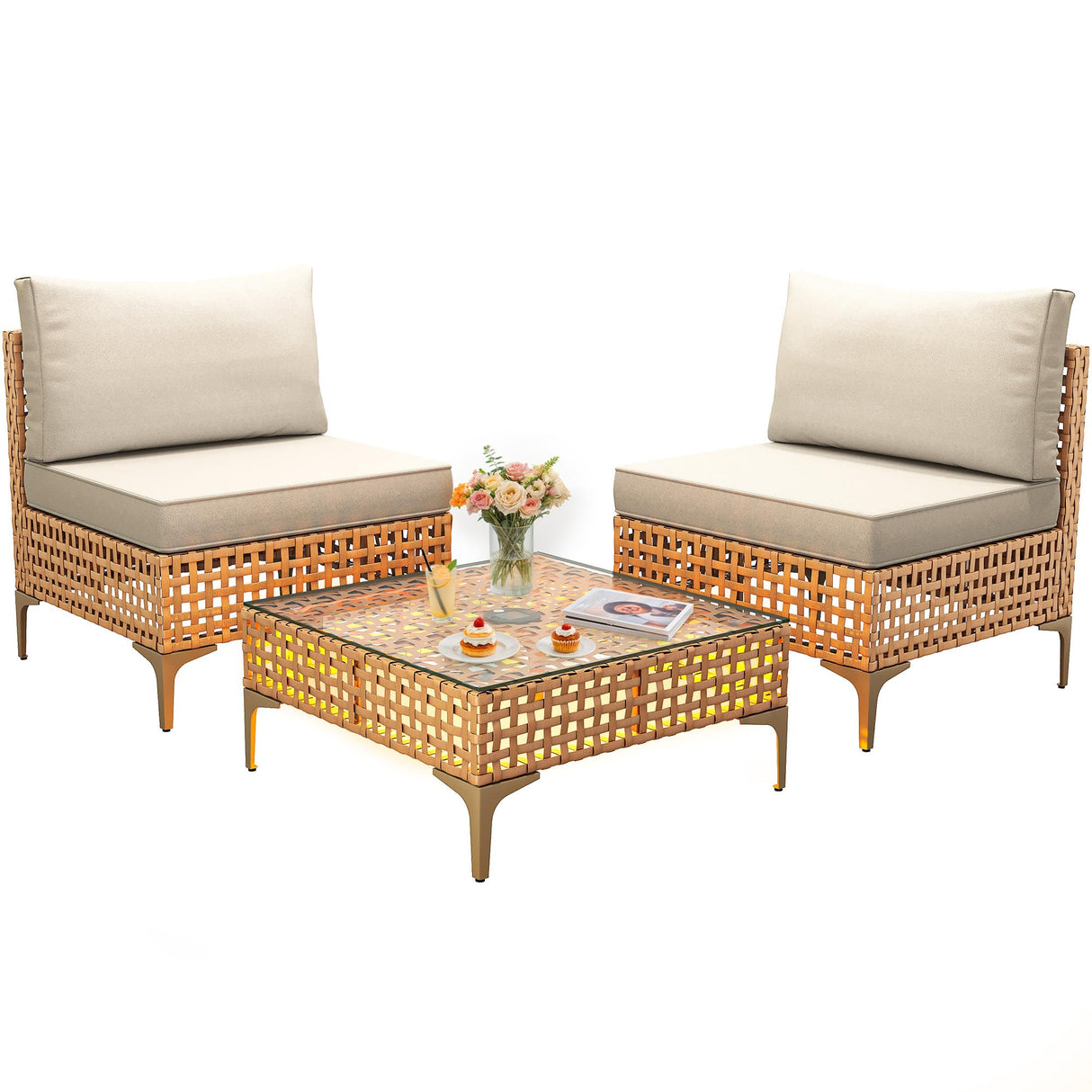 YITAHOME Wicker Patio Furniture Set 3 Pieces Outdoor Sectional Sofa with Solar Light Table Outdoor Couch with Waterproof Cushions All-Weather Rattan Patio Conversation Set for Balcony Porch YITAHOME