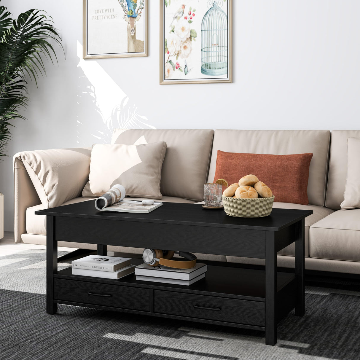 Panana Coffee Table, Lift Top Coffee Table with Hidden Compartment, 2 Drawers and 1 Open Shelf, Retro Central Wooden Table Lift Tabletop for Living Room (Black) Panana