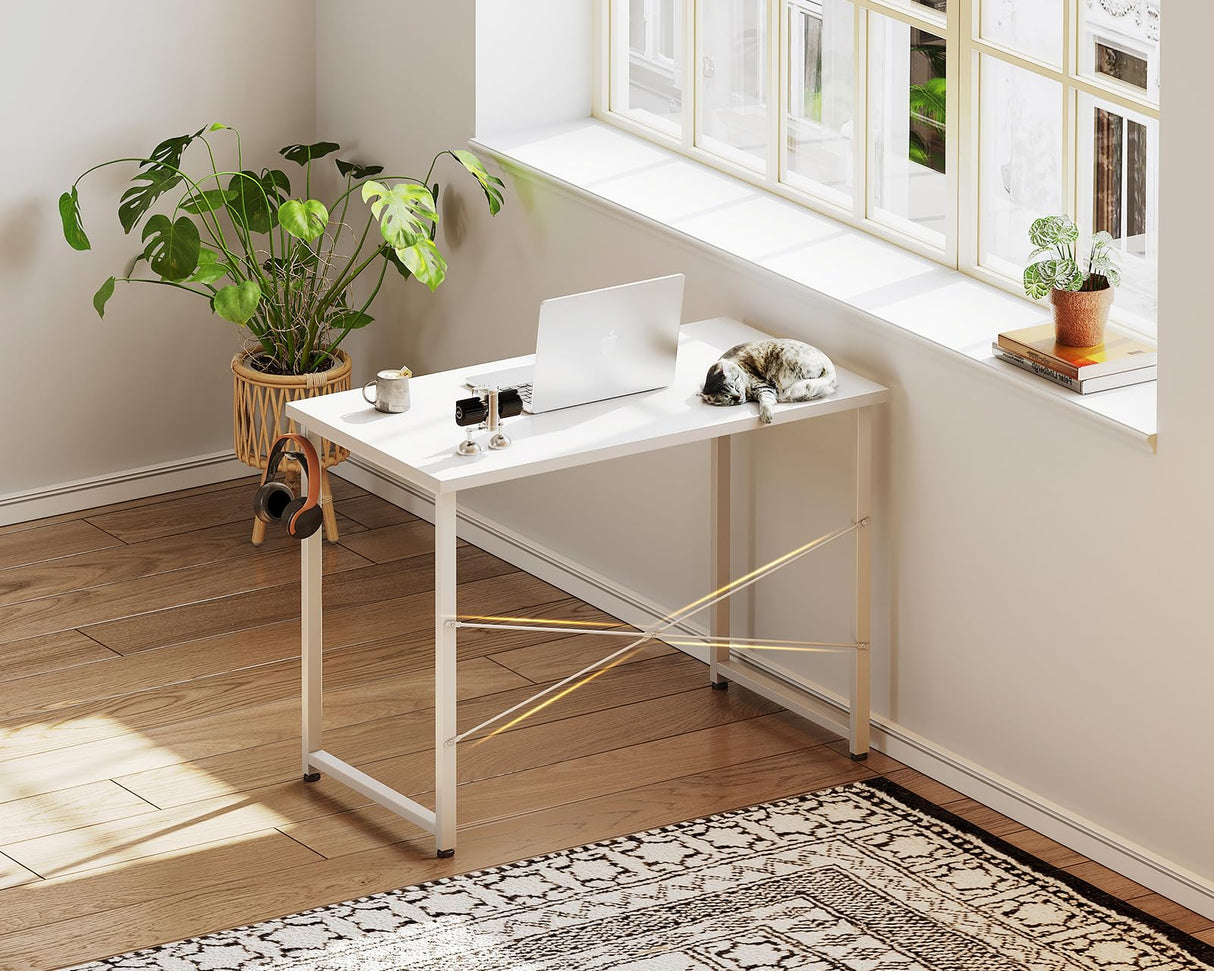 Casaottima 32 Inch Small Computer Desk for Home Office, Study Writing Table for Small Spaces, Simple Modern Desk with Headphone Hooks, Pure White Casaottima