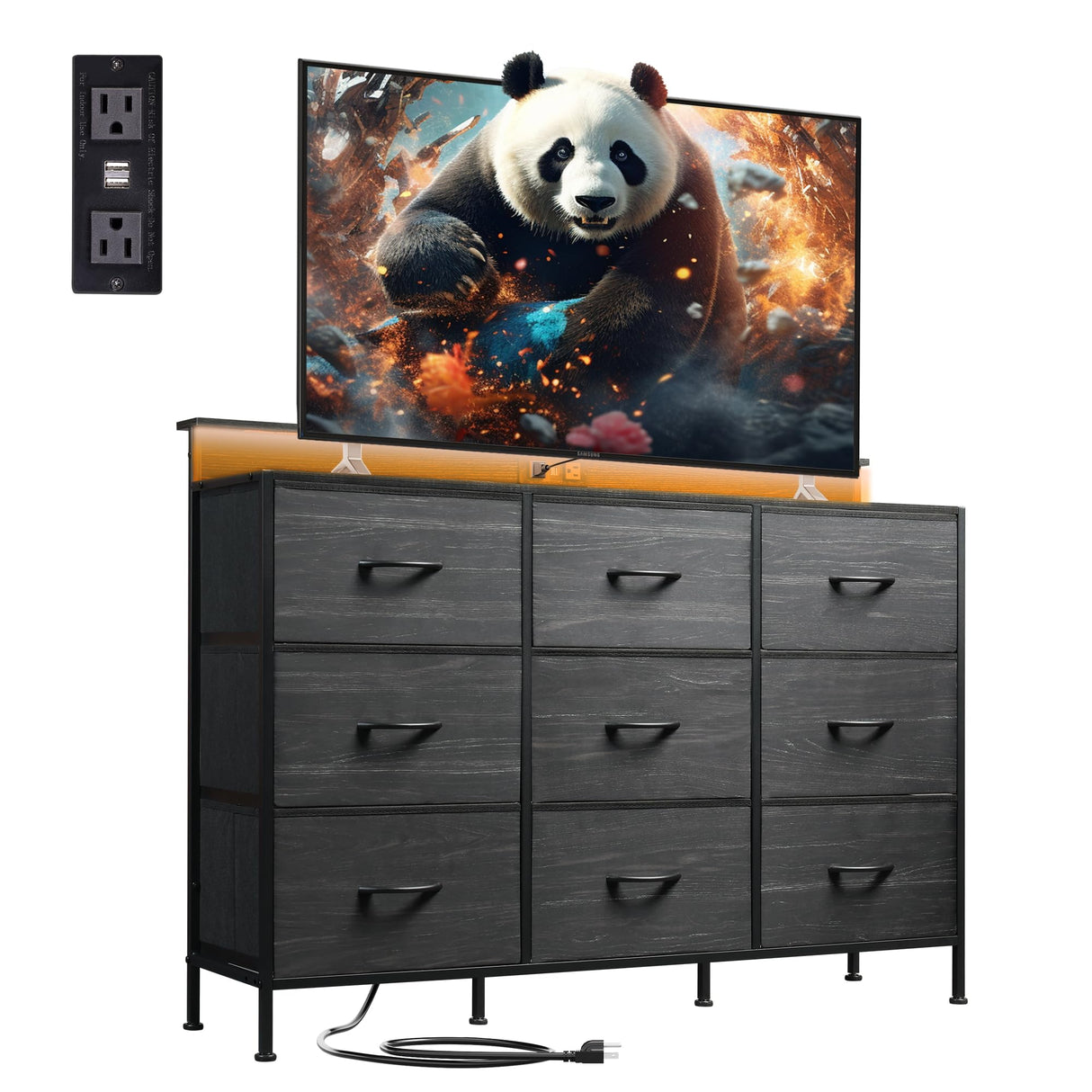 WLIVE Led Dresser for Bedroom, Wide Black Dresser TV Stand for Bedroom with LED Lights and Power Outlet, Chest of Drawers for Clothing, 9 Fabric Drawers and Wood Top for Living Room, Entryway WLIVE