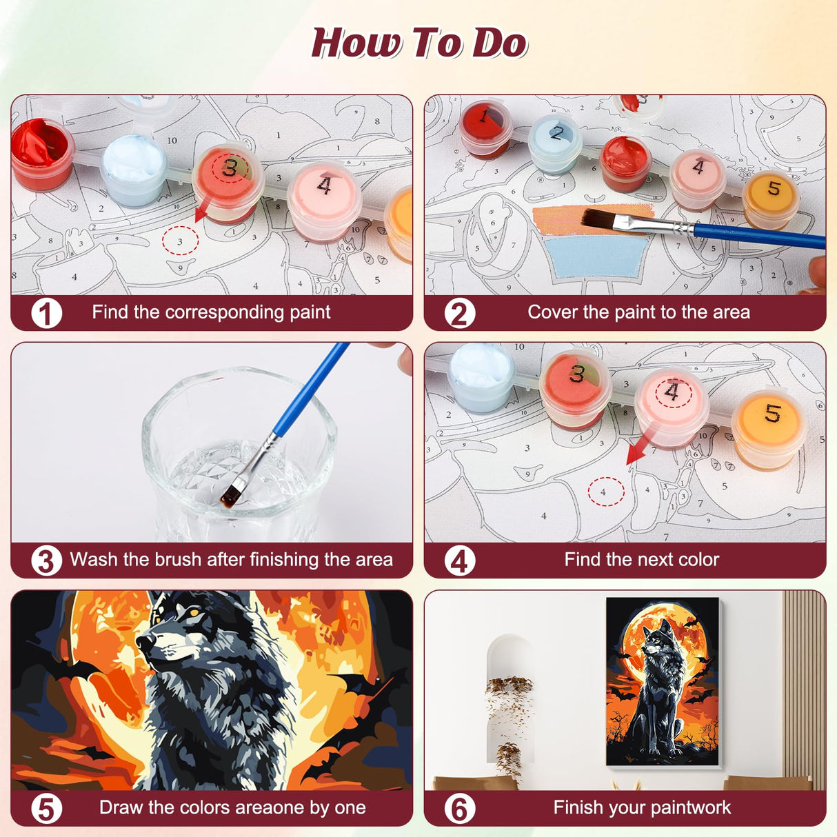 RICUVED Paint by Numbers Kit for Adults Beginner with Wooden Frame, Wolf Easy Acrylic Paint by Number, DIY Moon Oil Painting Kit with Framed Canvas Arts and Crafts for Gift Home Wall Decor 8X12 Inch RICUVED