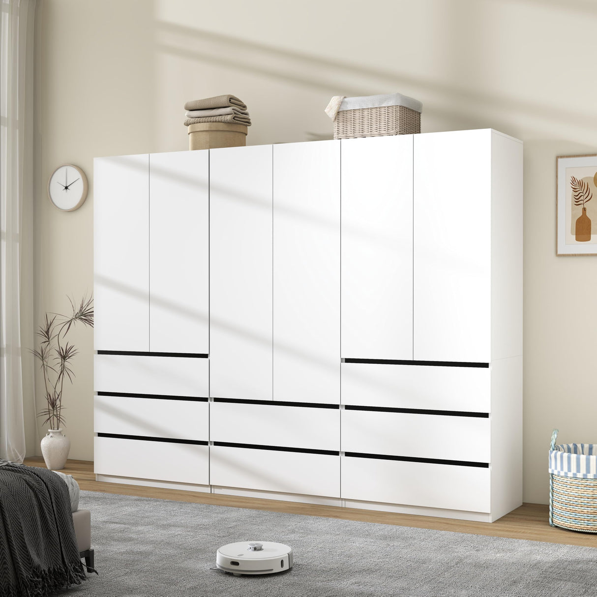 LABROSKIA Wardrobe Closet with 6 Doors: 75" White Armoire with 8 Drawers, Wooden Wardrobe for Hanging Clothes, Tall Storage Cabinet with Shelves and Hanging Rod (B+B+A, 94.5") LABROSKIA