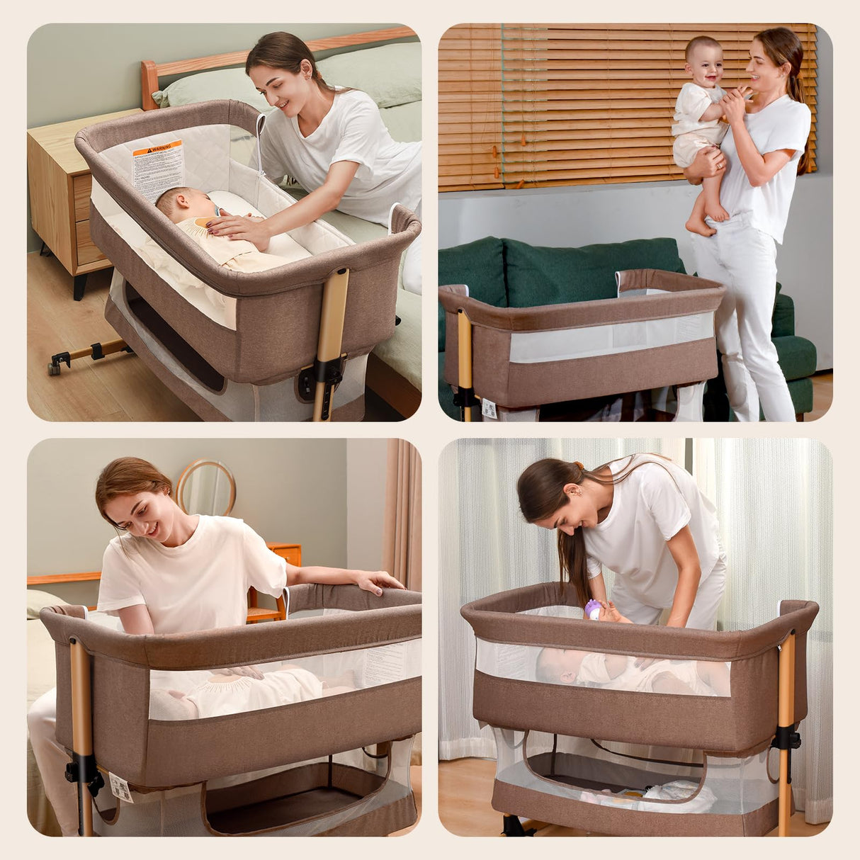 Baby Crib,3 in 1 Baby Bassinet Bedside Crib Adjustable Portable Bed for Infant,Baby Newborn Must Have Bed,Khaki Soobaby