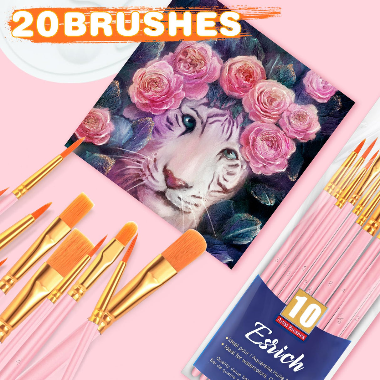 ESRICH Paint Brushes, 2 Packs / 20 Pcs Nylon Miniature Paintbrushes, Face and Body Watercolor Oil Painting Artist Professional Acrylic Paint Brushes Set,Pink ESRICH