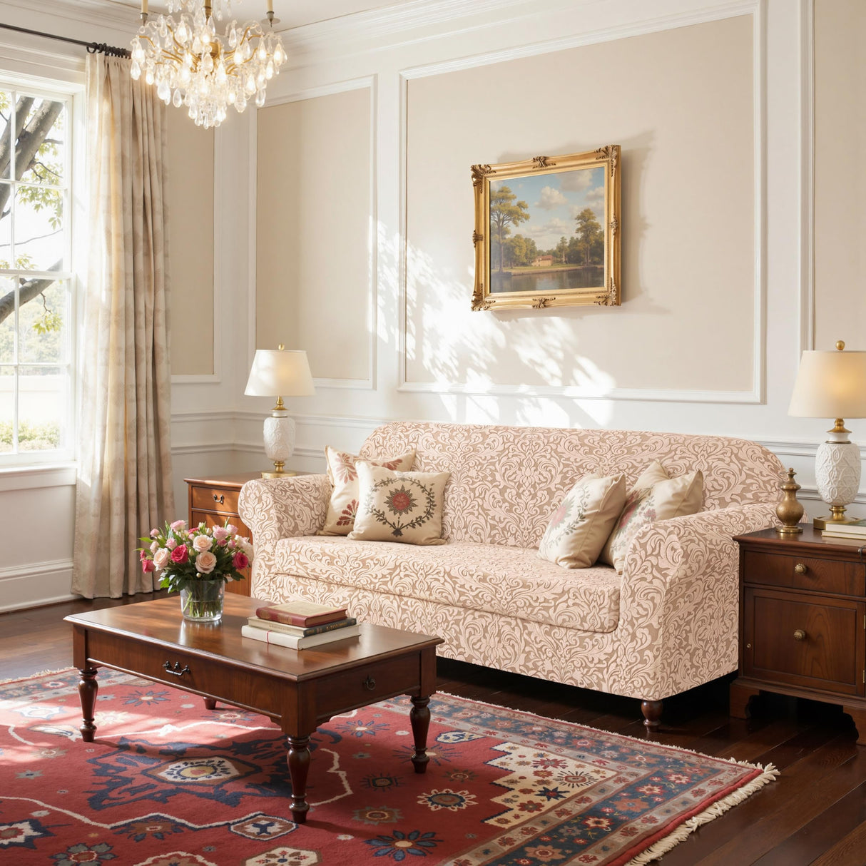 SUBRTEX 2 Piece Couch Covers, Jacquard Damask 3 Seater Sofa Cover with Seat Cushion, Stretch Sofa Slipcovers Non Slip Furniture Protector for Dogs Pets (Large, Khaki) SUBRTEX