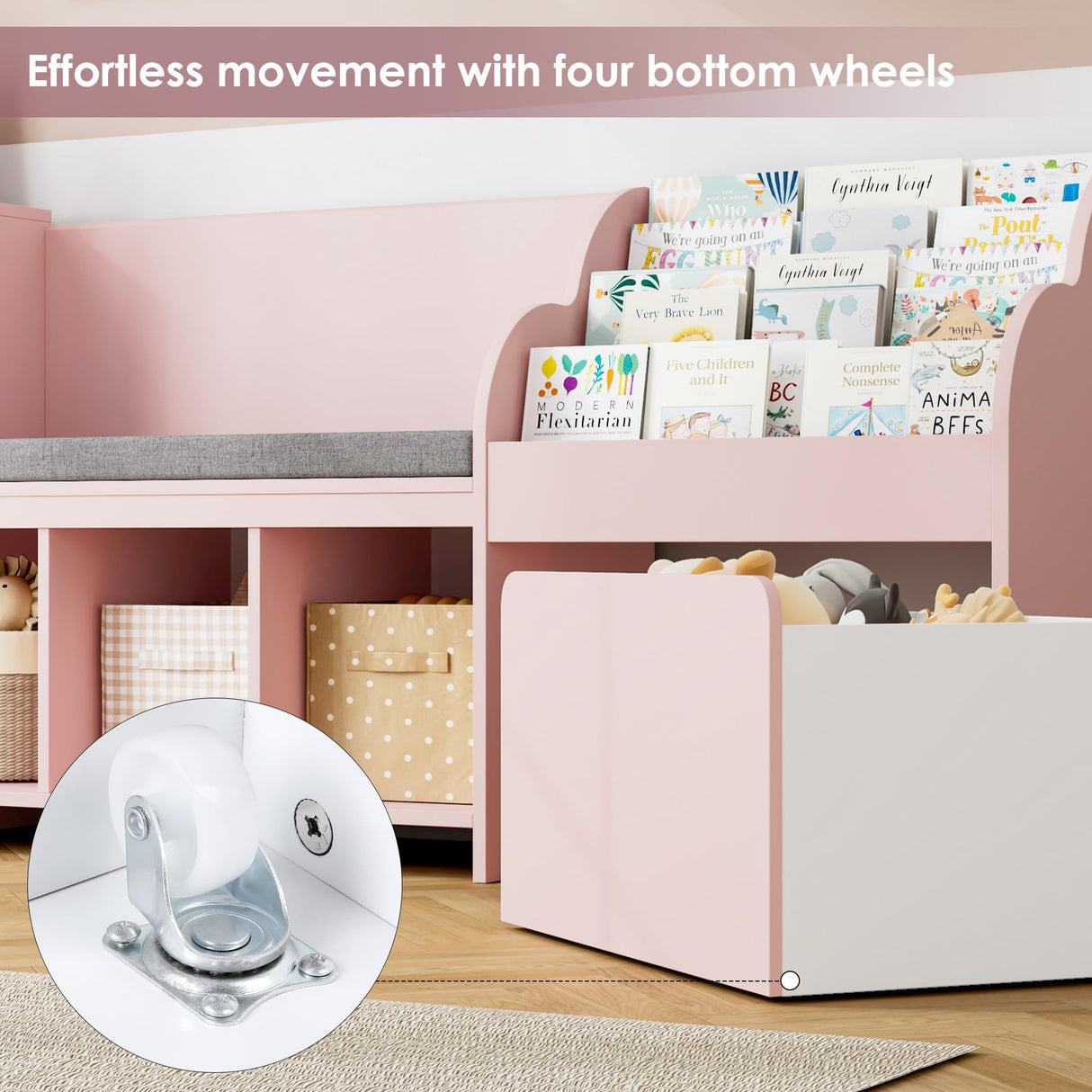 HOSTACK 67" Pink Kids Reading Nook with Bench, Bookshelf, Cushioned Seat & 6 Storage Cubbies HOSTACK