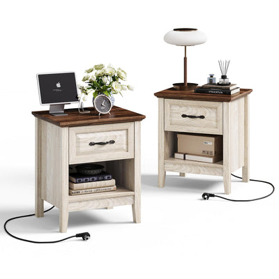 LINSY Night Stand Set of 2, 18.9" Farmhouse Wood NightStand with Type-C Charger &Open Storage Shelf Nightstands with Drawer, Side Table End Table for Bedroom Living Room Sofa Couch Office Beige