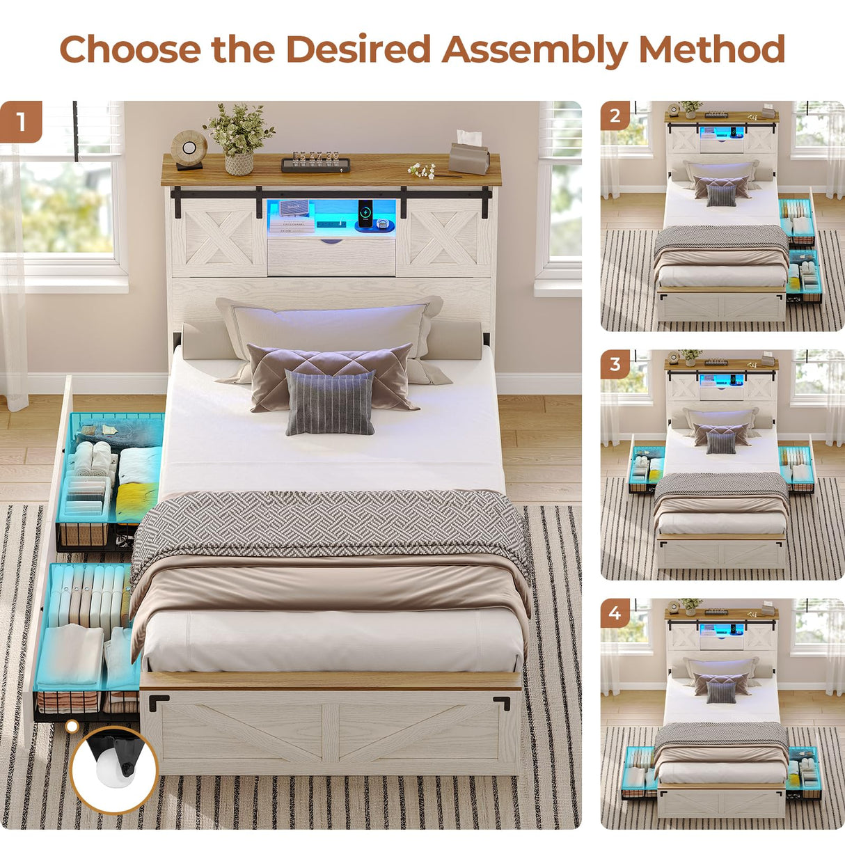 Hasuit Farmhouse Bed Frame Twin Size with 2 Storage Drawers, Wooden Platform Twin Bed with LED Lights and Charging Station, Rustic Accent Headboard with Sliding Barn Door Storage Cabinets Hasuit