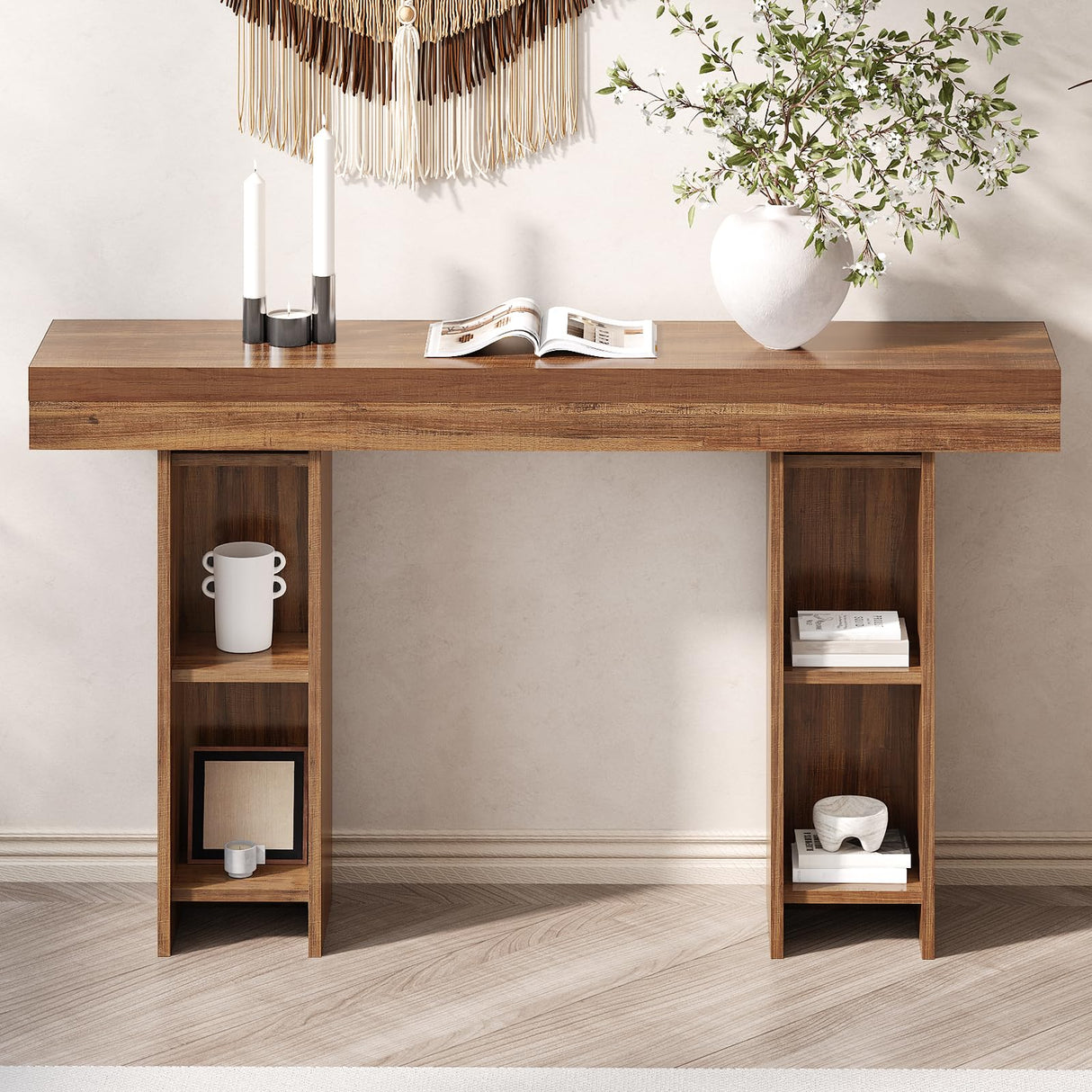 55Inch Farmhouse Console Table,Wooden Rectangular Sofa Table Behind The Couch,Entryway Console Table with Storage for Living Room, Hallway,Entrance (Light Brown) Tarnorci