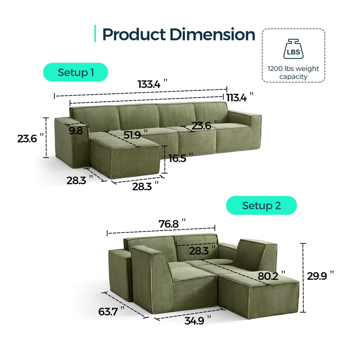 LINSY HOME Modular Sectional Sofa, 134" Boneless Couch L Shaped 4-Seat Sofa with Movable Ottoman, Corduroy Sectional Cloud Couches for Living Room, No Assembly Required, Green LINSY HOME