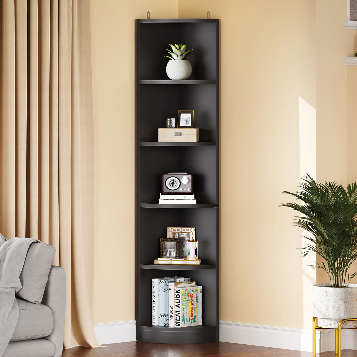 YITAHOME 5-Tier Black Corner Bookshelf - Modern Free Standing Display Bookcase YITAHOME