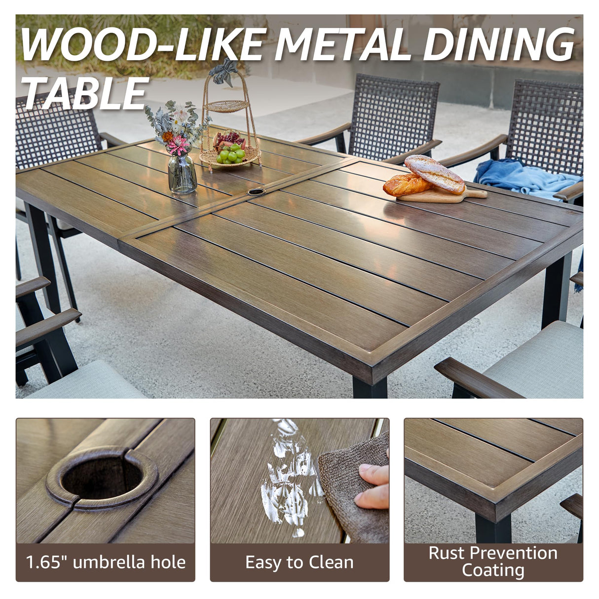 NATURAL EXPRESSIONS 7 Piece Patio Dining Table Outdoor Furniture Set, 6 Rattan Wicker Chairs with Cushions and 70” Large Dining Table with 1.65'' Umbrella Hole for Patio, Garden, Porch, Pool Beige NATURAL EXPRESSIONS