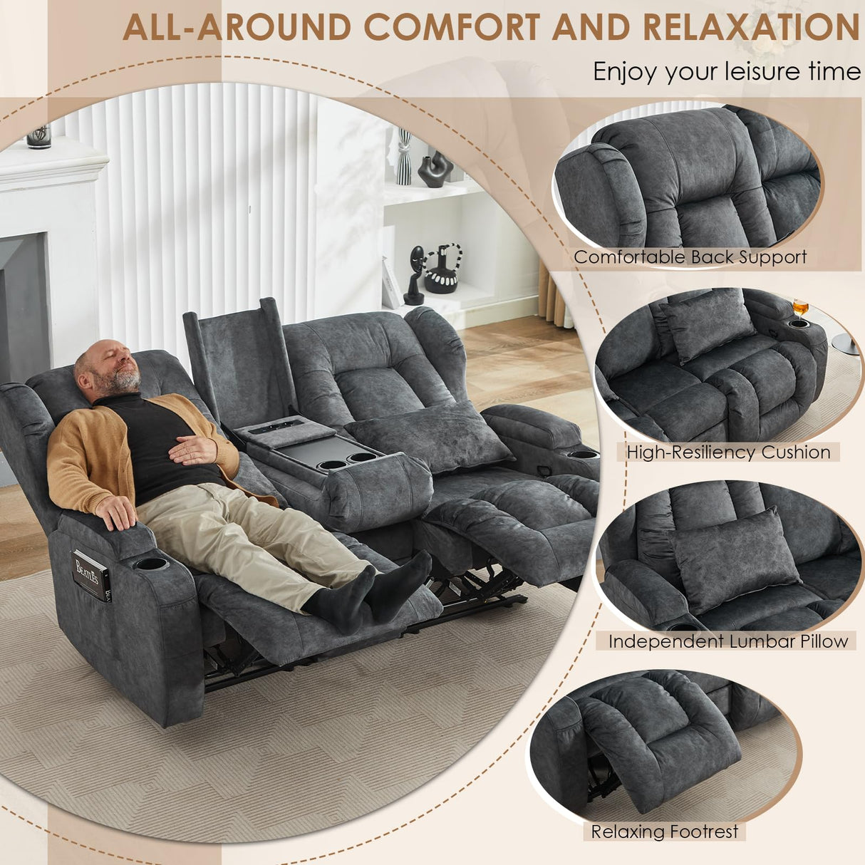 SAMERY 68" RV Loveseat Recliner Sofa, 6" Wall Hugger Reclining Loveseat with Flip-Down Console, Manual Velvet Recliner Sofa Couch for Living Room RV Theater Seating with Cup Holder SAMERY