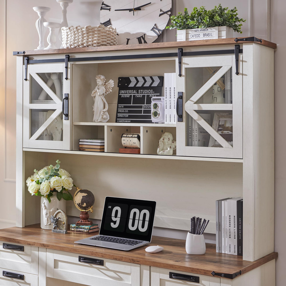 RedLemon 60" Farmhouse Desk with Hutch, Wood Home Office Executive Desk with Drawer, Charging Station, Keyboard Tray, File Drawer, Storage Cabinet, Rustic Writing Computer Desk (Antique White) RedLemon