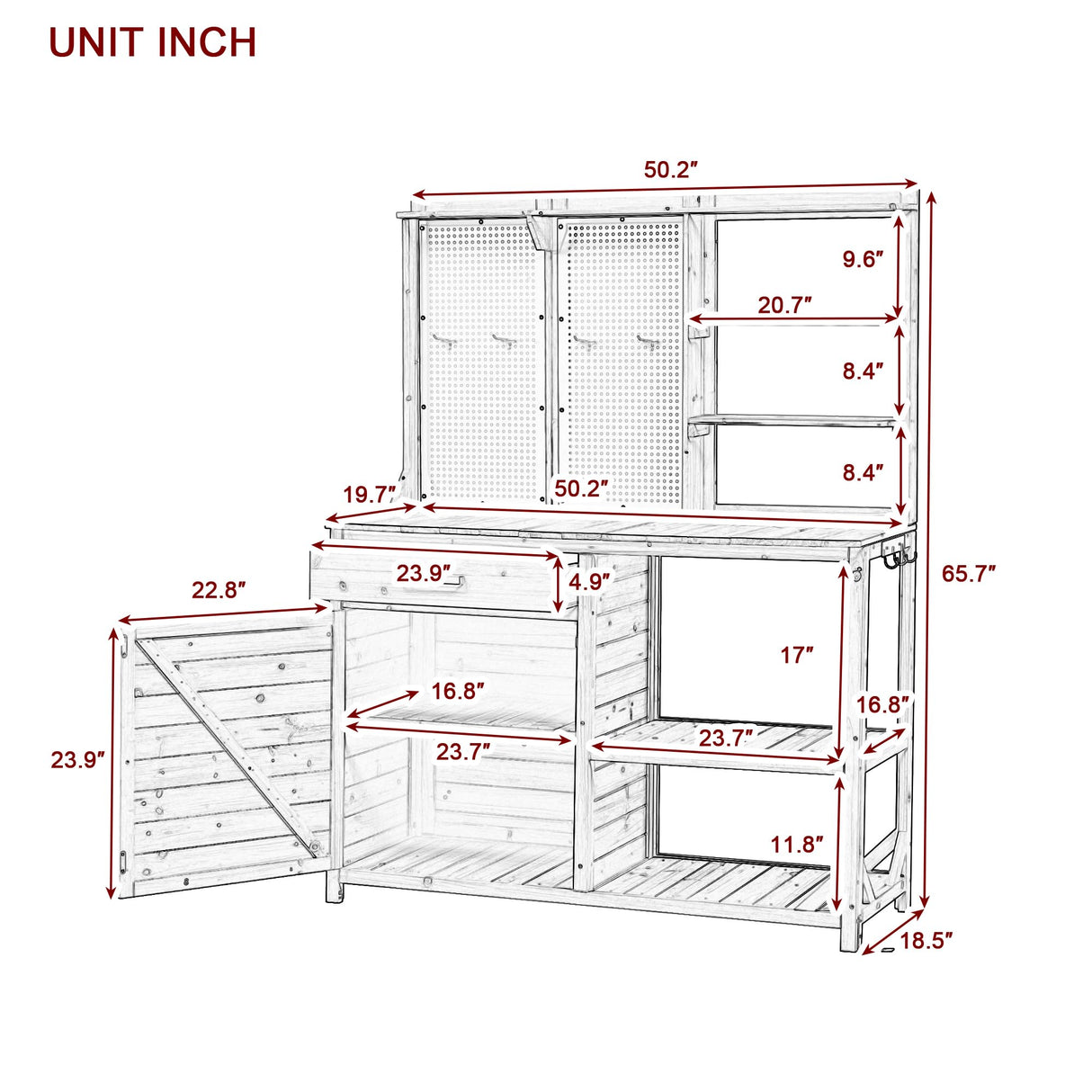 Fir Wood Potting Bench with Hutch - Outdoor Garden Workstation with 4 Shelves, Drawer & Adjustable Storage, 50.2" Countertop, & Pegboard (White + Wood + Rustic) Oevsld