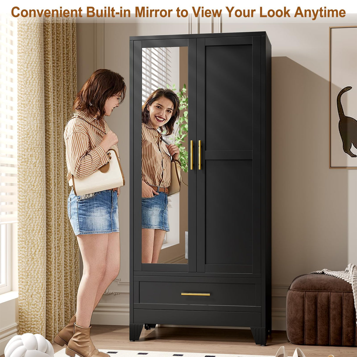 baoliwo Metal Armoire Wardrobe Closet Storage Cabinet with Mirror, 71'' Wardrobe Cabinet with Hanging Rod Metal Closet with Adjustable Shelf and Drawer for Bedroom, Laundry Room, Cloak Room baoliwo