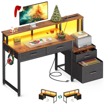 AODK 48-Inch Computer Desk with Fabric File Cabinet and Fabric Drawers, Reversible Office Desk with LED Strip and Power Strip, Gaming Desk with Monitor Riser, Writing/Study Table for Home, Vintage