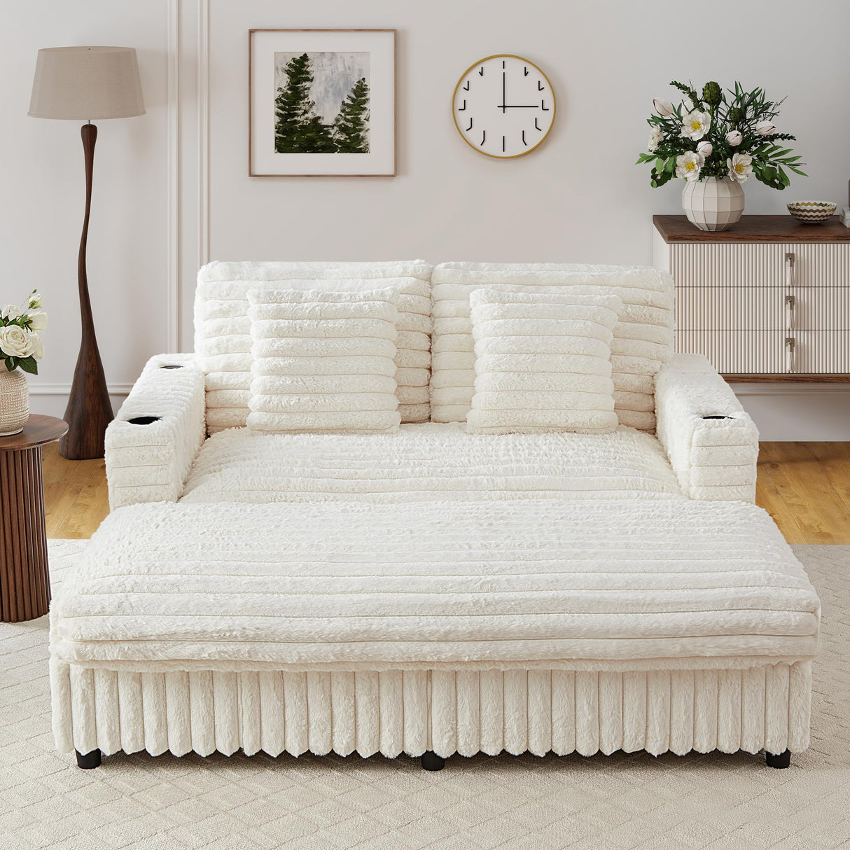 RARZOE 64'' Oversized Chaise Lounge Chair Indoor, Plush Faux Rabbit Fur Sleeper Sofa Bed with 4 Pillows, Charging Station & Cup Holders, Fluffy Comfy Cloud Couch Loveseat Sofa for Living Room,Beige RARZOE