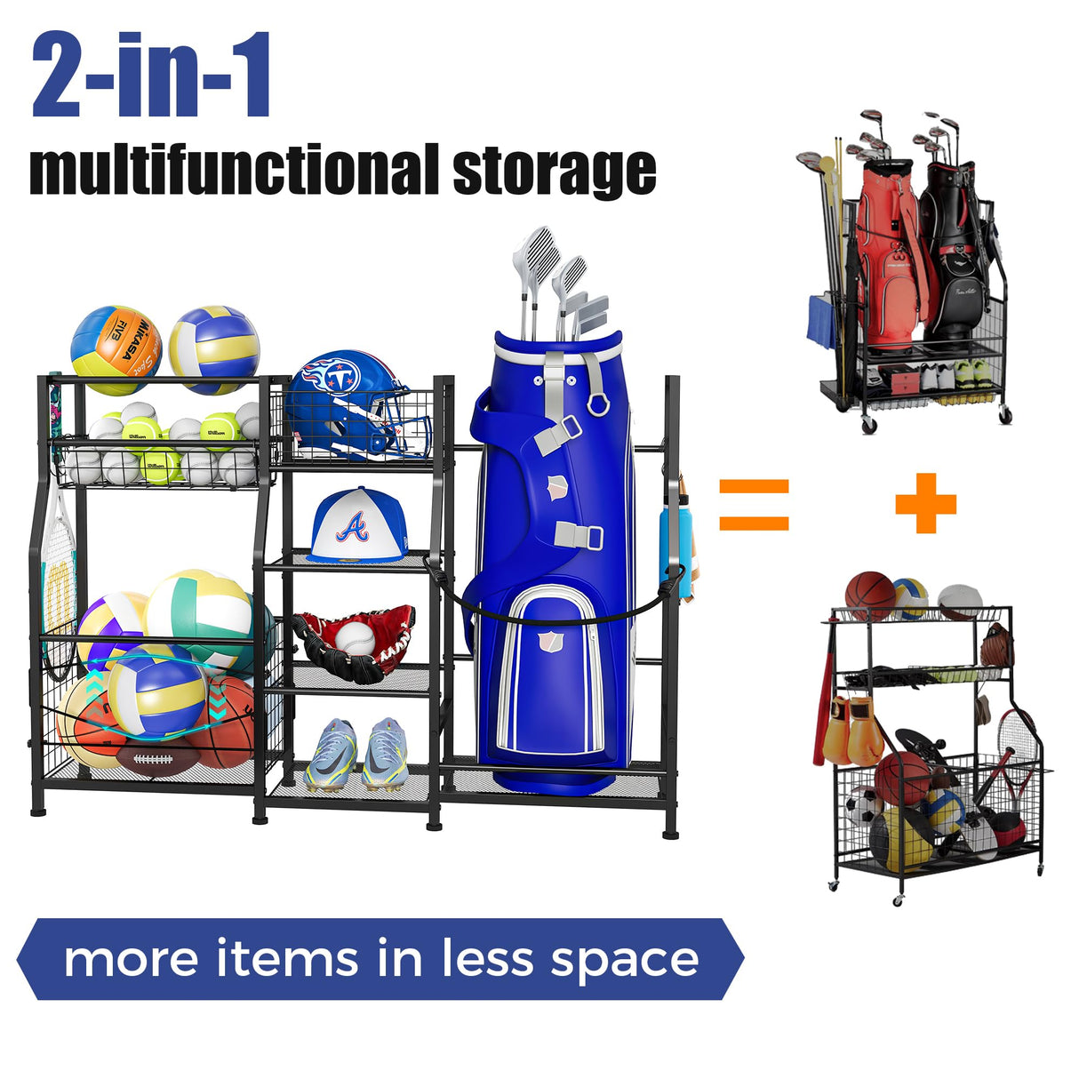 Sports Equipment Organizer Golf Bag Stand Golf Storage Organizer for Garage with Basket and Hooks, Storage Rack for 2 Golf Bag,Two Assembly Methods Sonyabecca