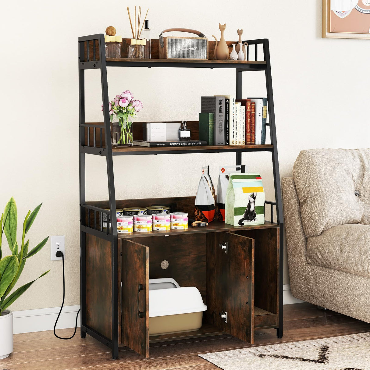 Tangkula Litter Box Enclosure with Shelves, Hidden Cat Washroom Cabinet with Charging Station, Winding Entry & Scratching Board, Versatile Litter Box Furniture (Rustic Brown) Tangkula