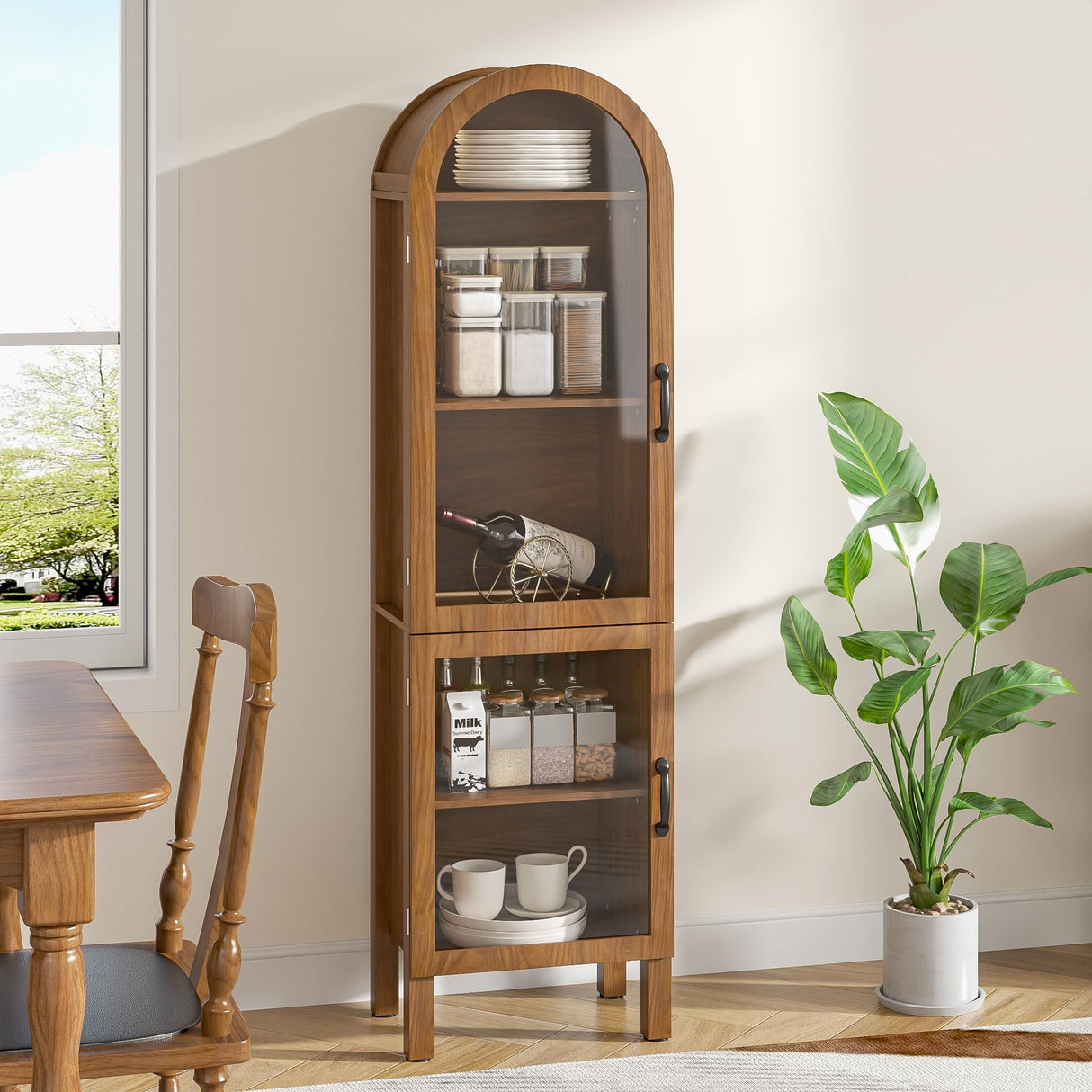 Lxsxlome Narrow Arched Bookcase, 64.17'' Tall Arch Bookshelf with Acrylic Glass Doors, 5 Shelf Bookcase, Freestanding Storage Organizer Display Cabinet for Living Room (Walnut, 64.17''H) Lxsxlome