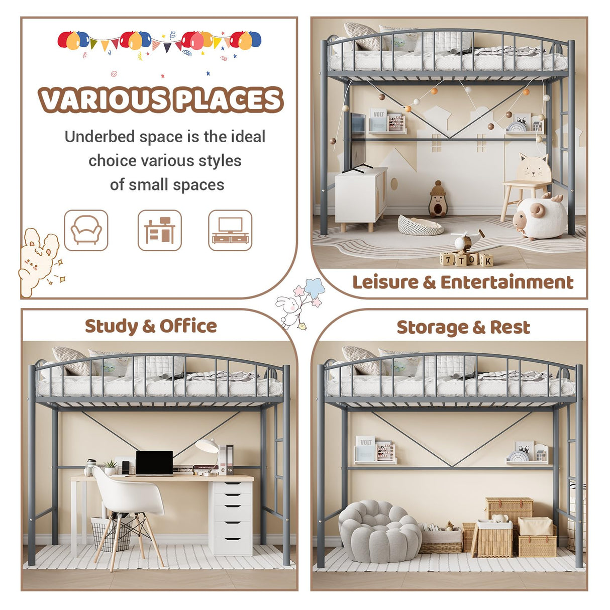 GarveeHome Loft Bed Twin Size, Heavy Duty Metal Loft Bed Frame with Arched Guardrail and Safety Ladder, Space-Saving, No Box Spring Needed, Matte Gray GarveeHome