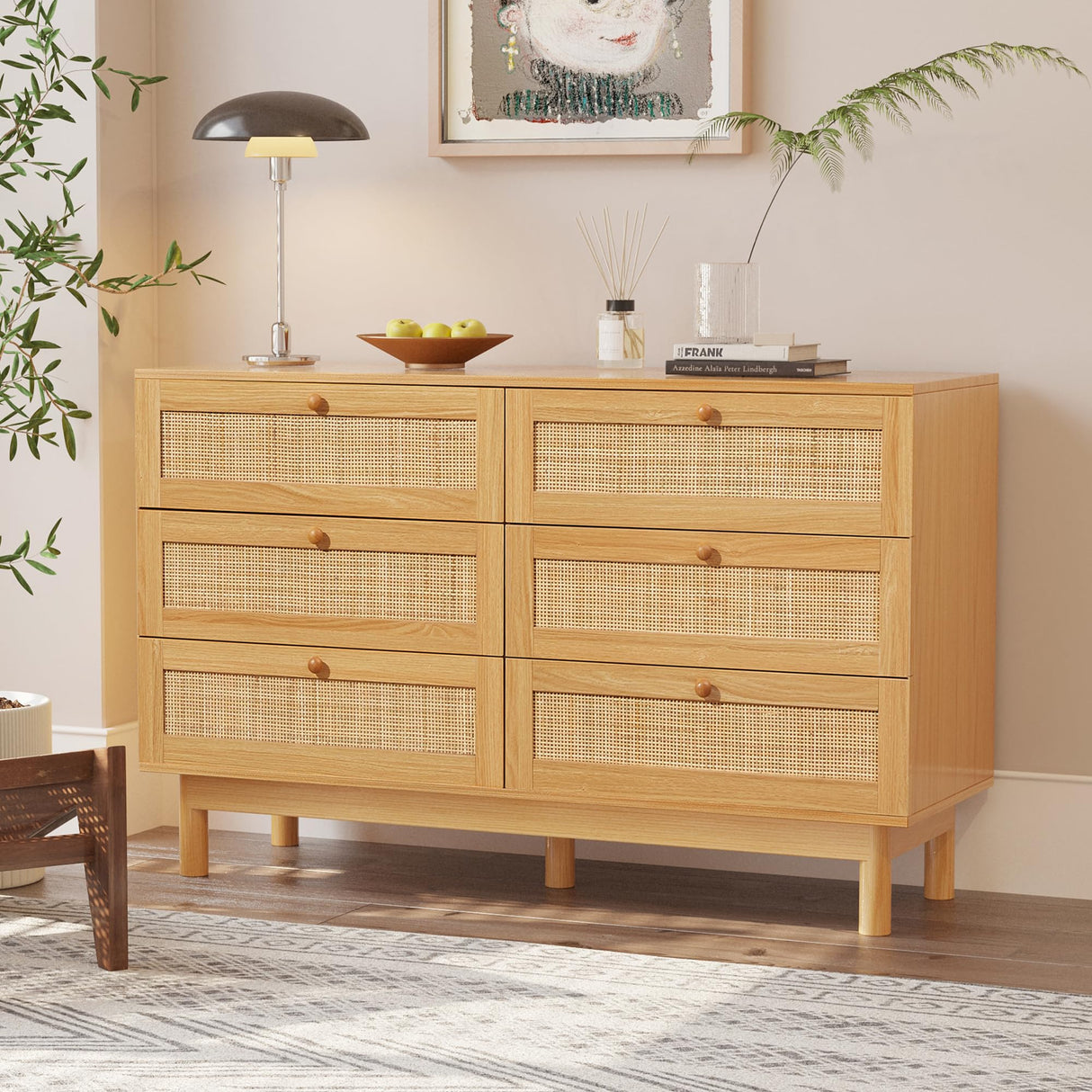 EazeHome 6 Drawer Rattan Dresser for Bedroom, 48” Wide Chest of Drawers, Natural Wooden Handmade Woven Dresser, Boho Storage Organizer for Closet, Living Room and Entryway EazeHome