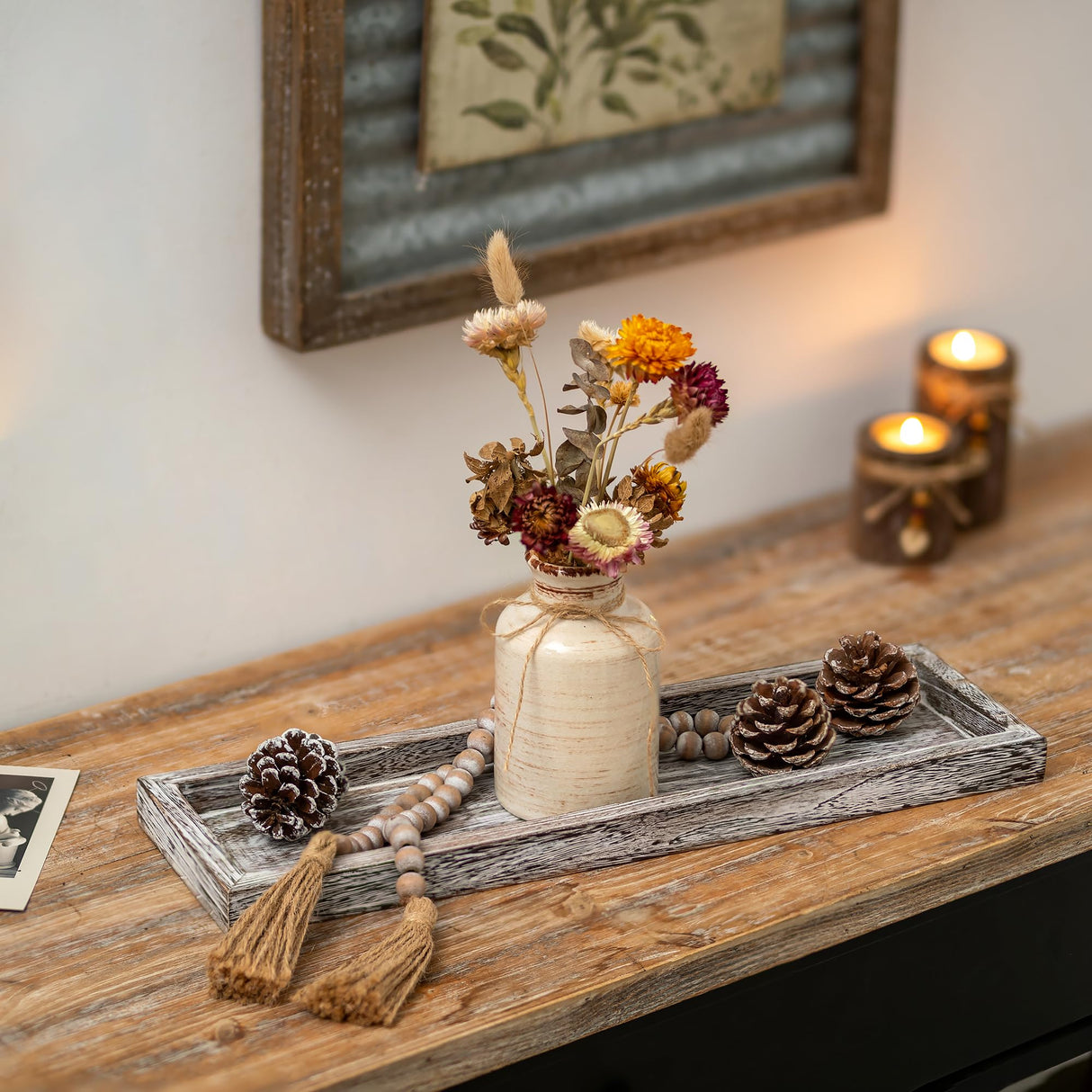 Romadedi Rustic Decorative Wood Candle Tray - 15" Wooden Long Narrow Tray Candle Holder, Farmhouse Small Trays for Coffee Table Centerpieces Dining Room Kitchen Countertop Home Decor, Whitewashed Romadedi