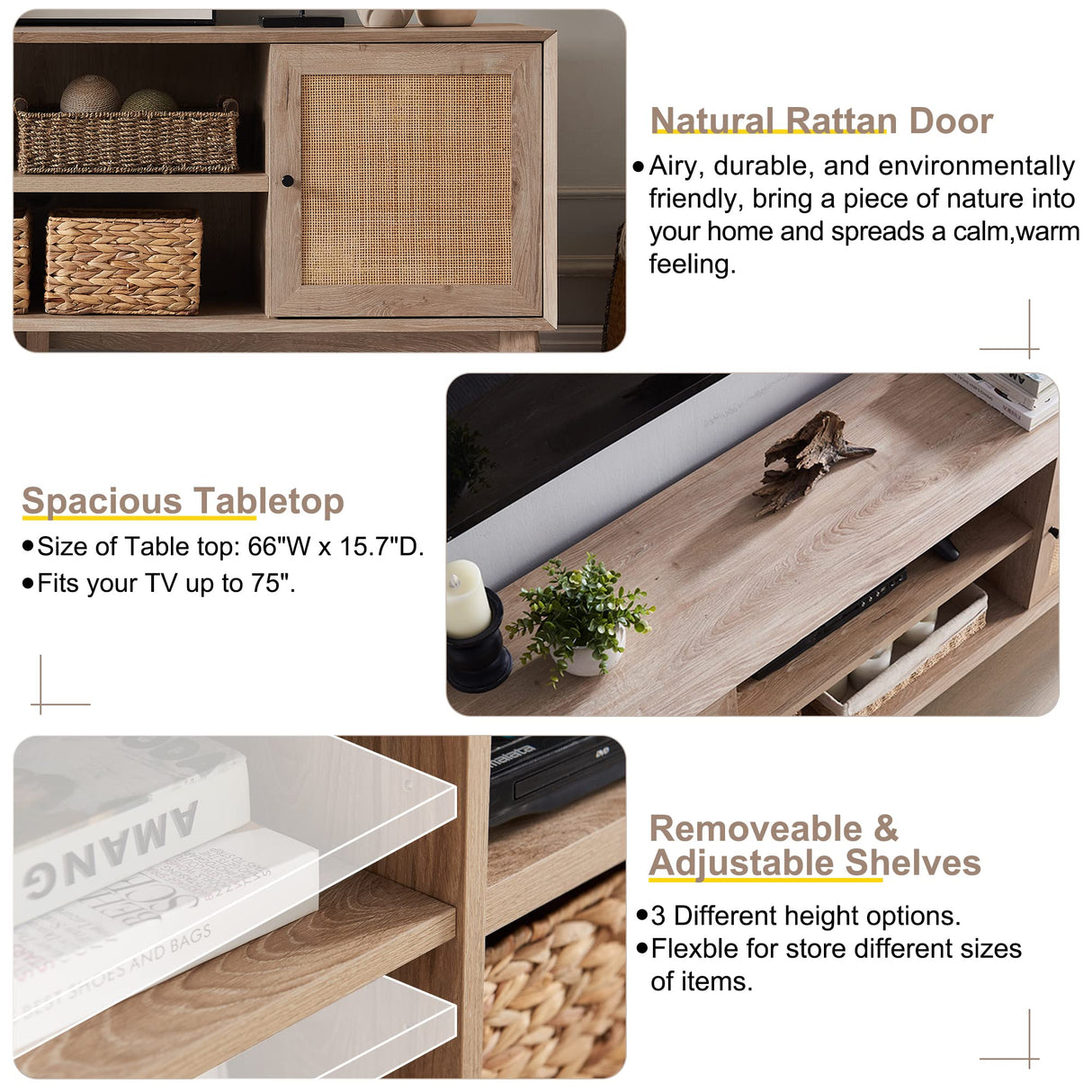 OKD TV Stand for 75+ Inch TV, Mid Century Modern Entertainment Center with Natural Rattan Door, Storage Shelves, Large Boho Media TV Console, Long Television Stand for Living Room, Oak OKD