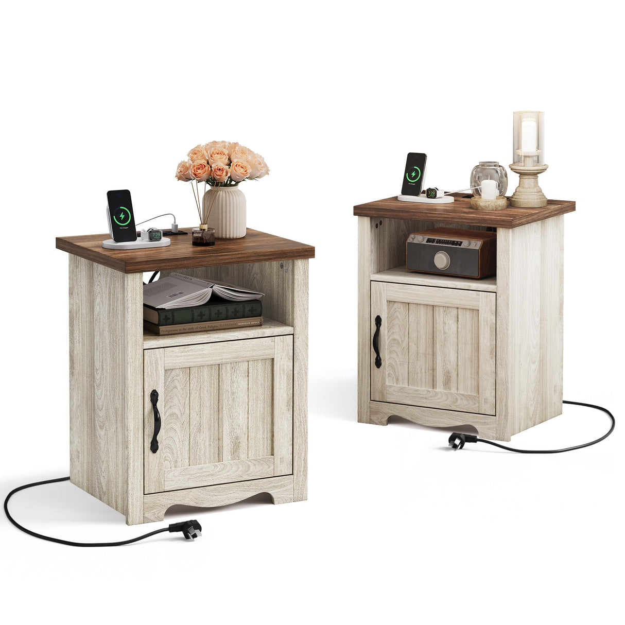 LINSY Farmhouse Night Stand Set of 2, 18.9” Wood End Table with Charging Station, Side Table for Bedroom, Living Room, Couch with USB Ports and Outlets, Nightstand with Storage, Beige LINSY