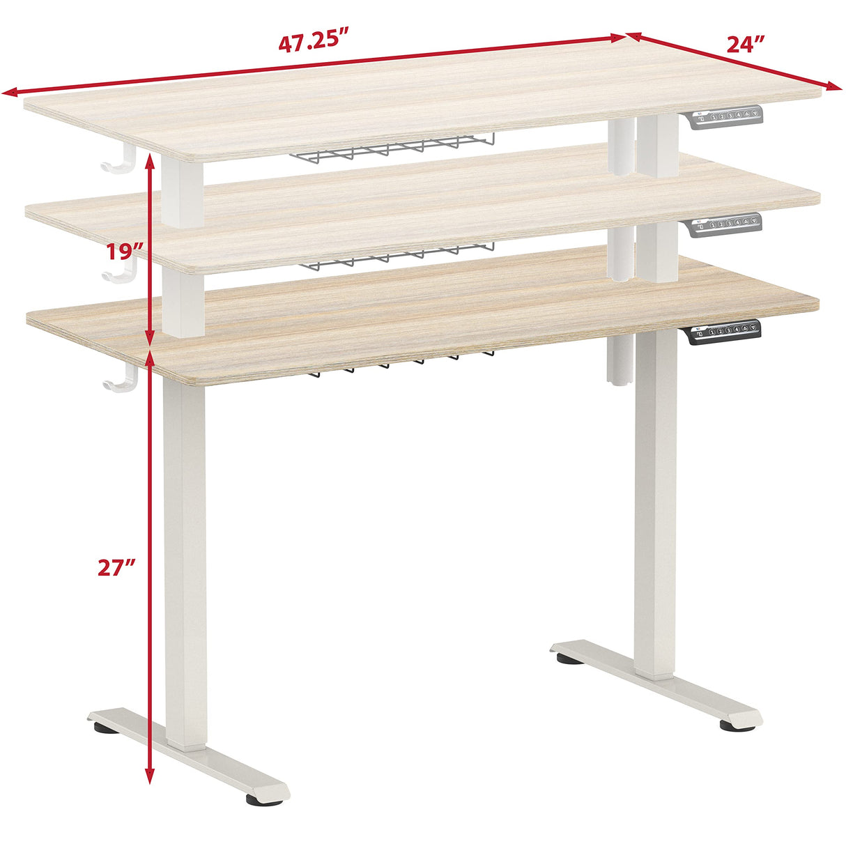 SHW Electric Height Adjustable Sit Stand Desk with Hanging Hooks and Cable Management, 48 x 24 Inches, White Frame and Maple Top SHW
