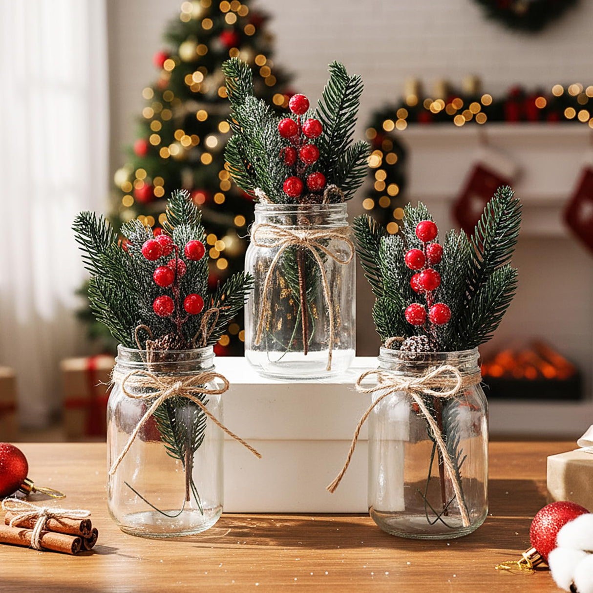 Mimorou 6 Sets Christmas Mason Jars Christmas Centerpieces for Tables Pine Cones & Red Berry, Farmhouse Decor Kitchen Table Decor Coffee Table Kitchen and Room Mimorou