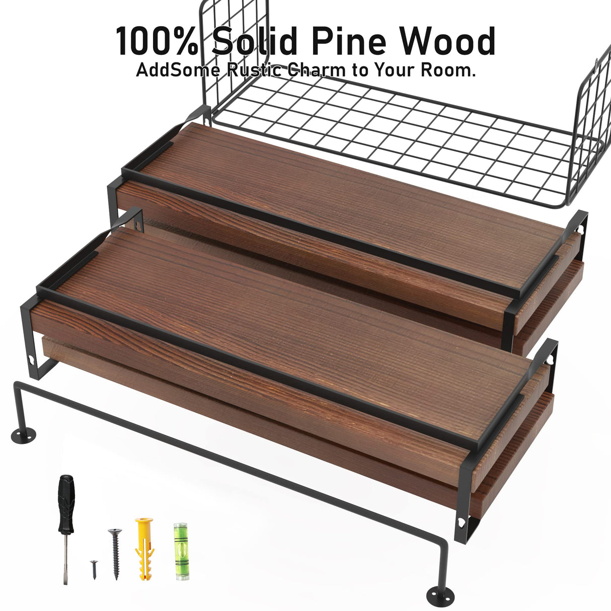 LUDORU Wood Floating Shelves Wall Mounted - 4+1 Tier Rustic Bathroom Wall Shelves Over Toilet with Wire Storage Basket and Towel Bar, Set of 4 Farmhouse Floating Shelf for Bathroom, Kitchen, Bedroom. LUDORU