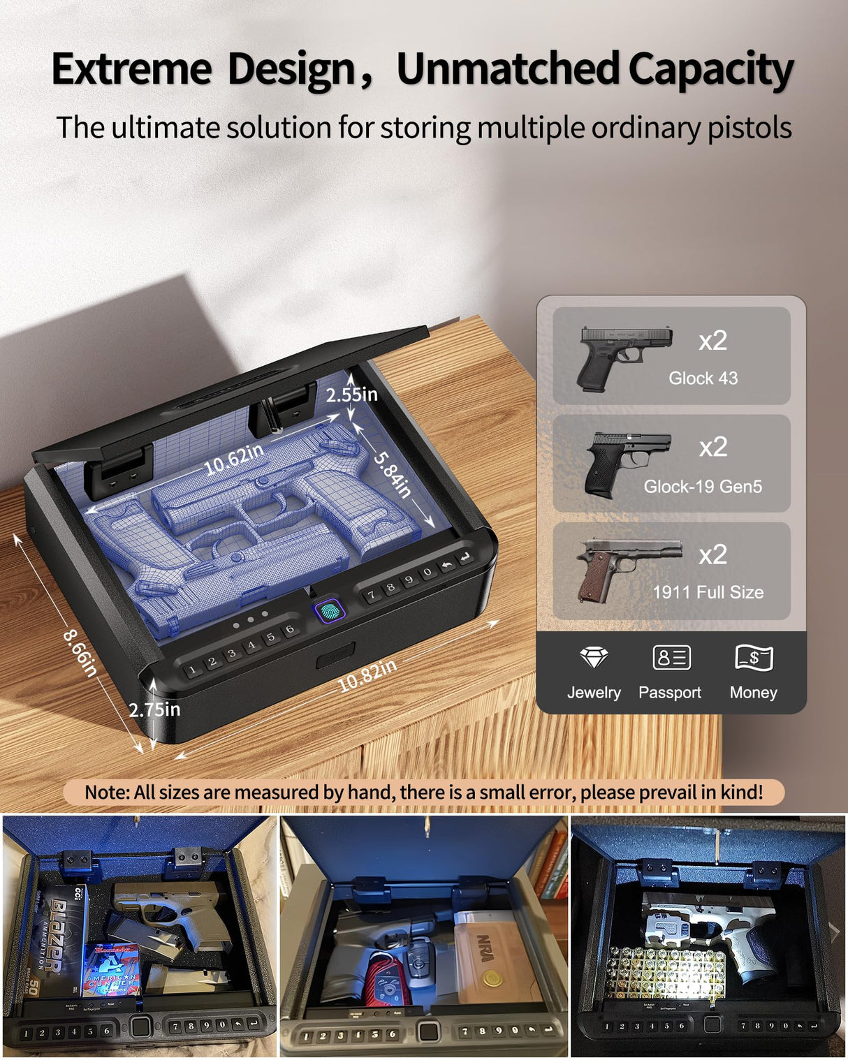 BILLCONCH Gun Safe for Handgun - Biometric Gun Safe 4 Ways Quick Access with Fingerprint/Full-digital Keypad/Key/APP Lock Handgun Pistol Safe for Nightstand Bedside Home Car BILLCONCH