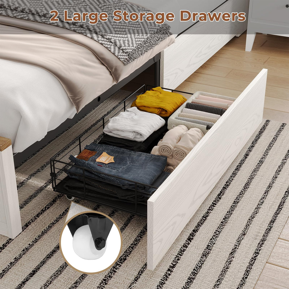 Hasuit Queen Size Farmhouse Bed Frame with Bookcase Headboard, LED Lights, Charging Station, and 2 Drawers in White Hasuit