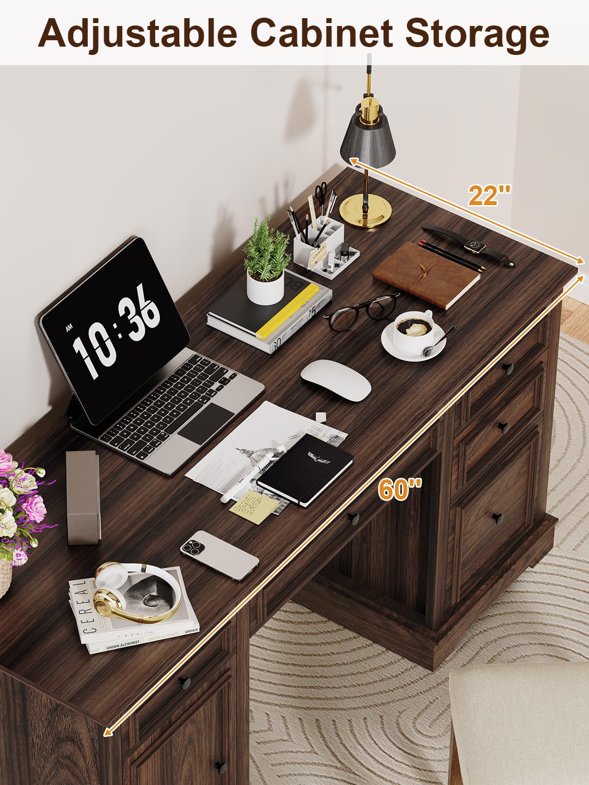 Vipbear 60" Farmhouse Executive Office Desk with Drawers and File Cabinet, Embossed Texture Wood Home Office Desk, Rustic Computer Desk, Workspace for Work Study Writing, Dark Brown Vipbear