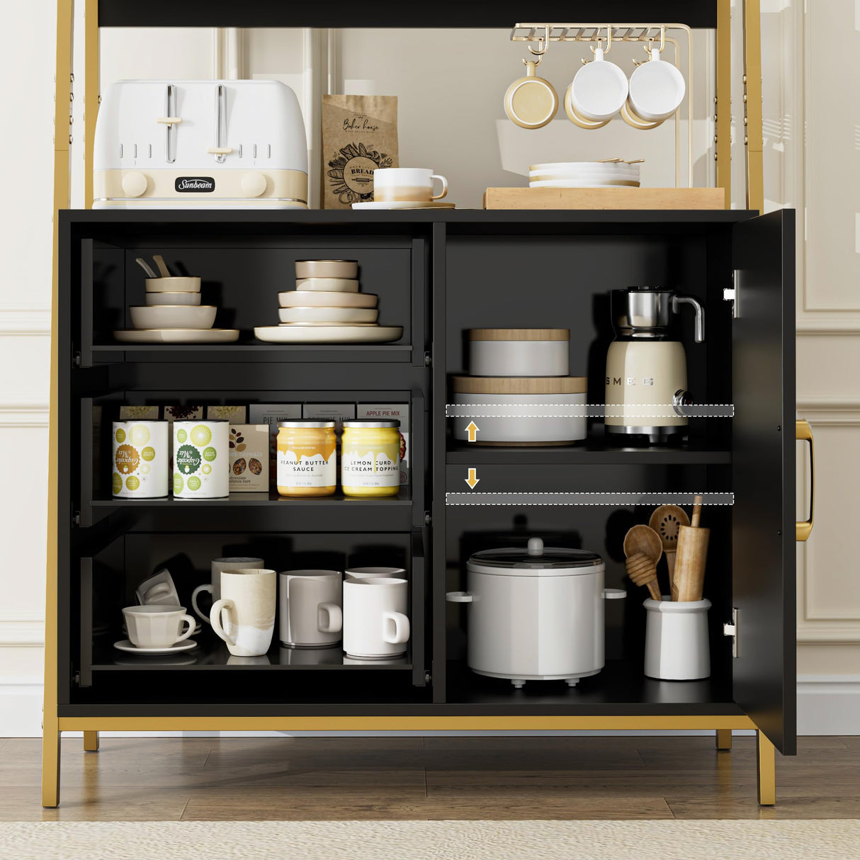 HITHOS 69" Tall Bookshelf, Modern 4-Tier Bookcase with Wooden Drawers and Ladder Shelves, Free Standing Storage Cabinet Kitchen Bakers Rack with Microwave Oven Stand for Home Office, Black Gold HITHOS