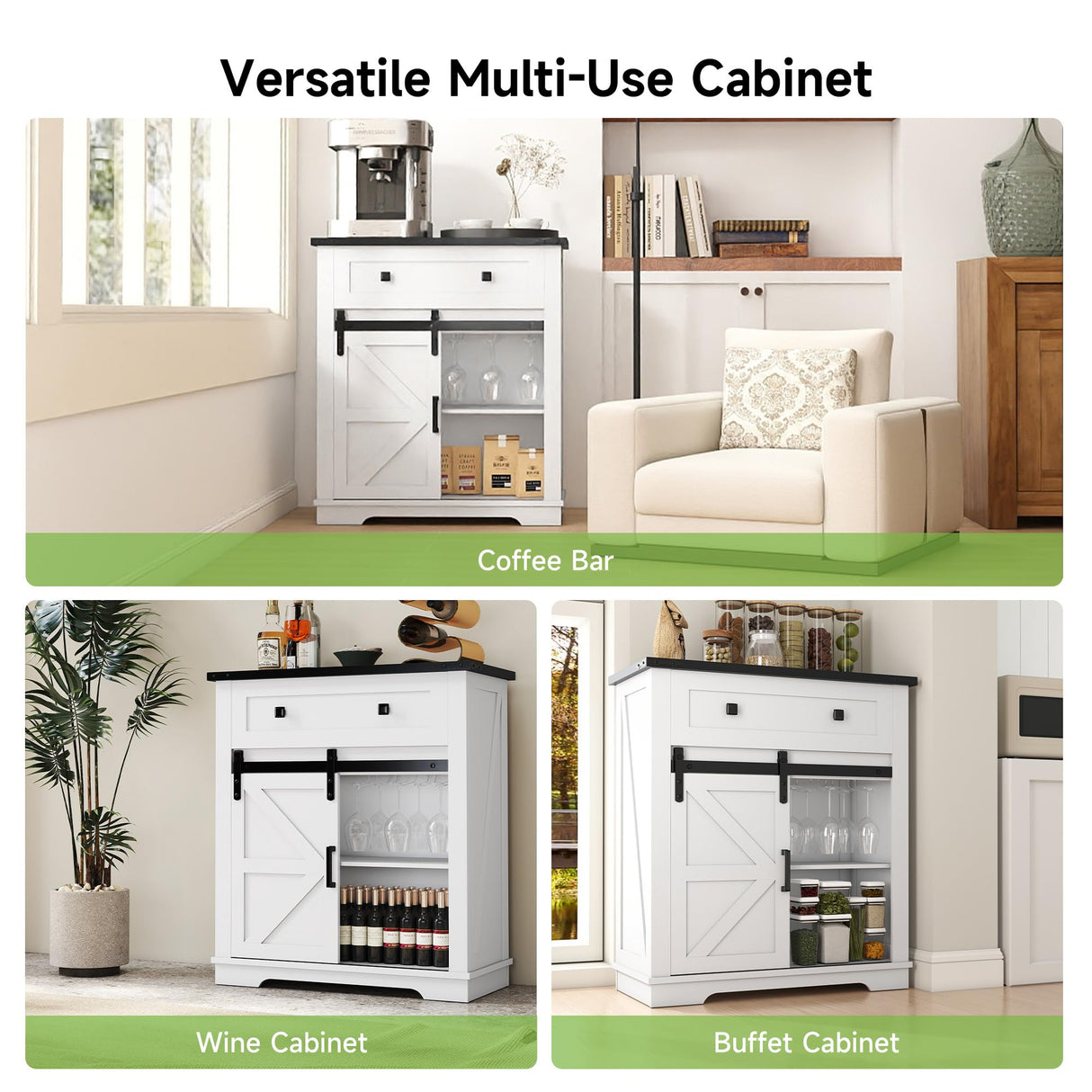 Real Relax Coffee Bar Cabinet, Farmhouse Sideboard Buffet Cabinets with Storage, Wine Glass Rack, Sliding Barn Door, Buffet Table for Kitchen, Dining Room, Entryway, White Real Relax