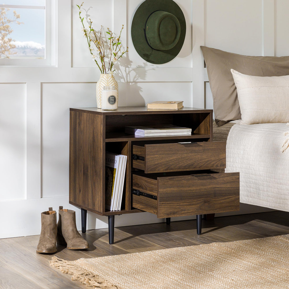 Walker Edison Modern Wood Nightstand Side Table Bedroom Storage Drawer and Shelf Bedside End Table, 25 Inch, Dark Walnut Walker Edison