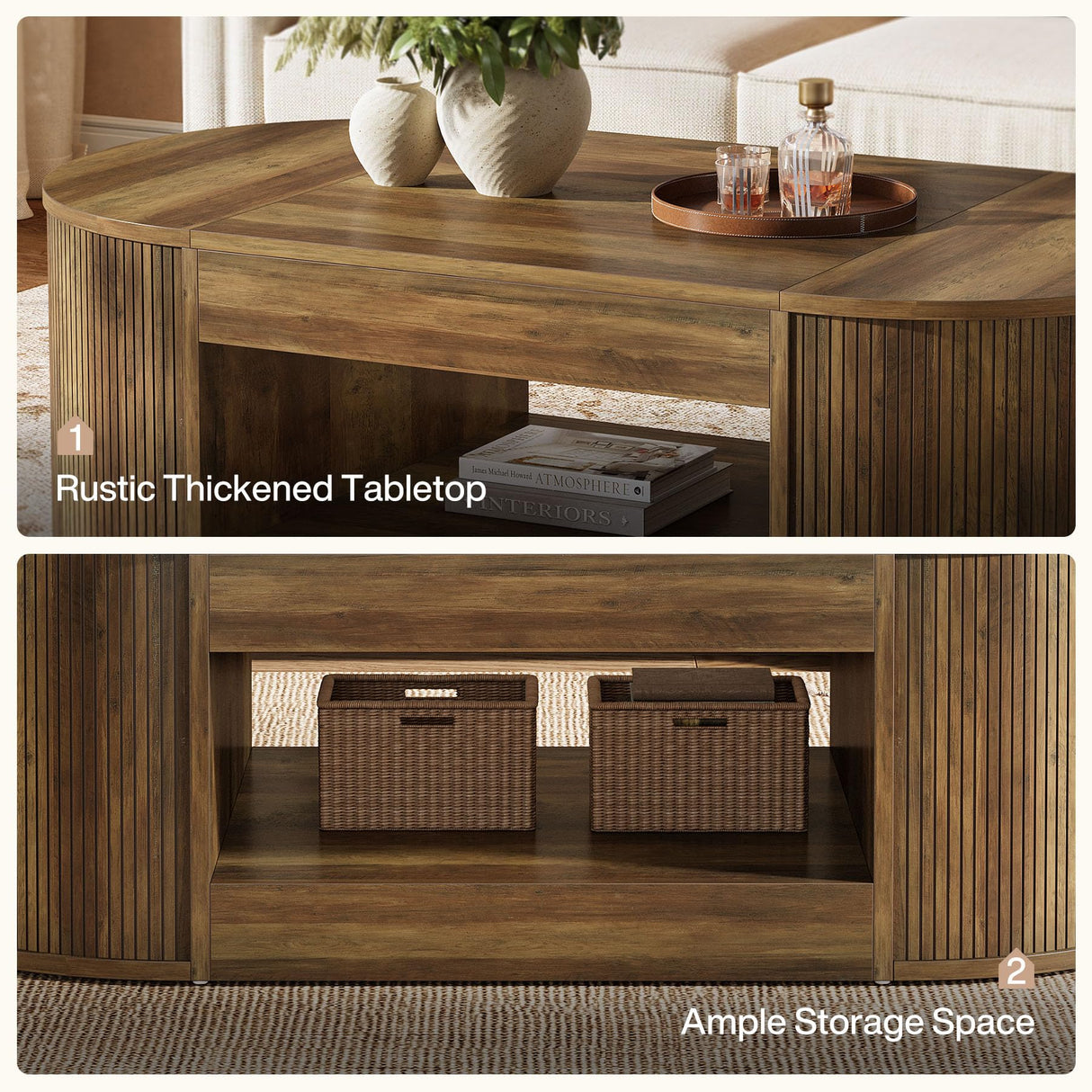 Tribesigns Farmhouse Coffee Table with Storage, 55-Inch Oval Center Table, 2-Tier Large Tea Table for Living Room, Office Reception, Rustic Brown Tribesigns