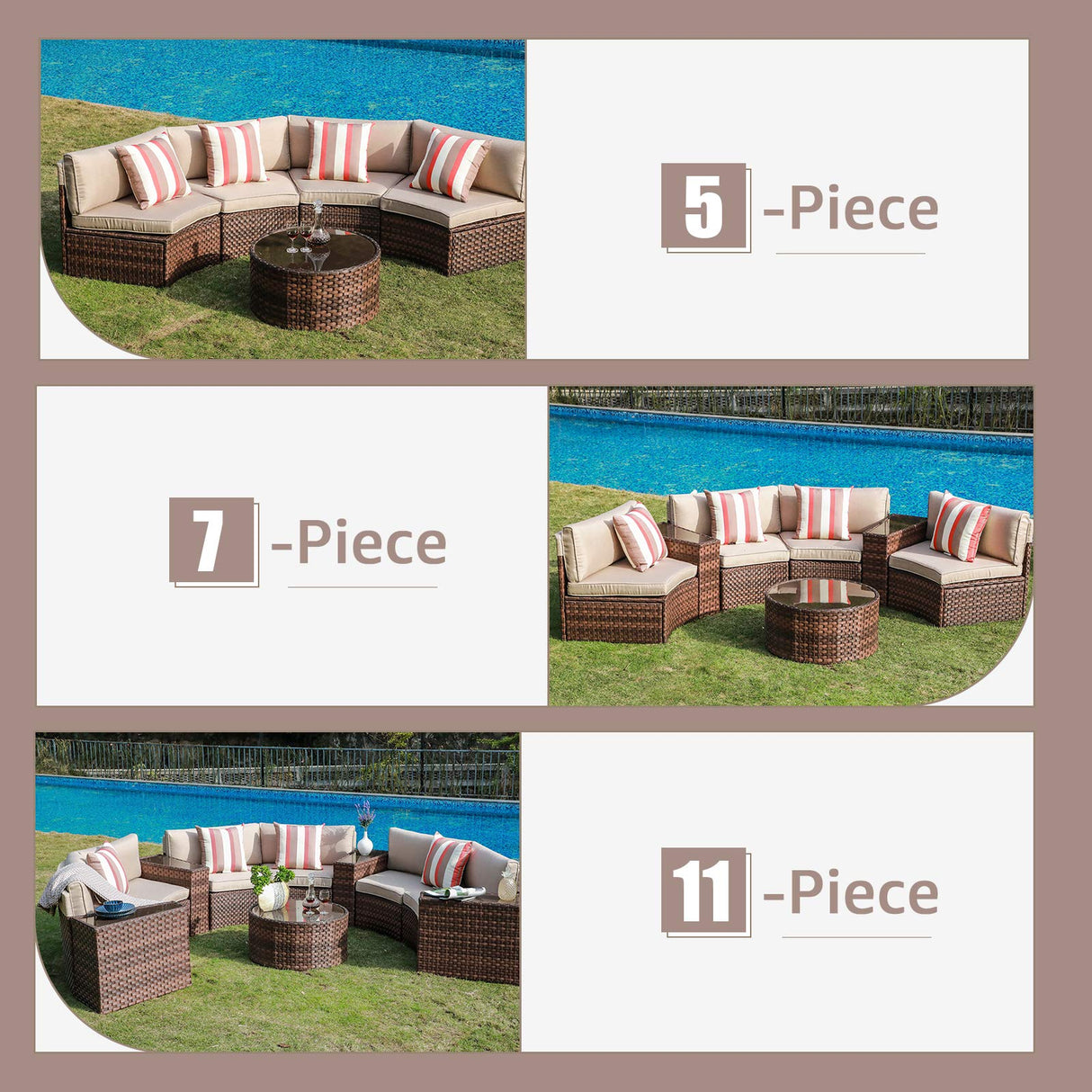 SUNSITT Outdoor 2-Piece Half-Moon Patio Furniture Curved Outdoor Sofa Wicker Sectional Set with Beige Cushions SUNSITT
