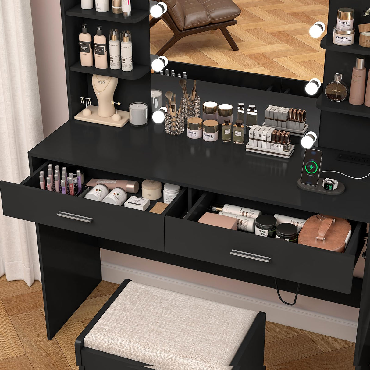 FIONESO Vanity Desk, Makeup Vanity Desk with Mirror & Lights, Vanity Desk with 2 Drawers & 6 Storage Shelves, Dressing Table with Power Outlet, for Women Girls, Bedroom, Black FIONESO