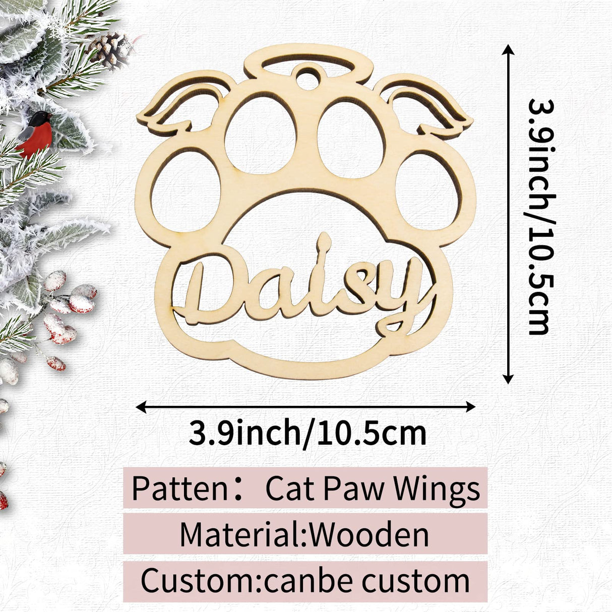 Personalized Cat Paw Christmas Ornaments with Angel Wings, Custom Pet Name Wooden Ornaments for Christmas Tree Decorations Gifts SIMIEEK