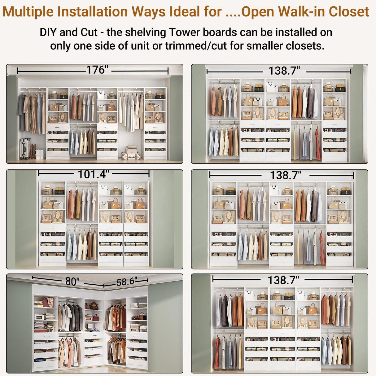 Aheaplus Closet System Set of 3, 138.5" Wood Closet Organizer System Tower with 12 Drawers & 4 Hanging Rods, 6.7+4.85Ft L Shaped Walk-in Closets Wardrobe Organizer Garment Rack with Shelves, White Aheaplus